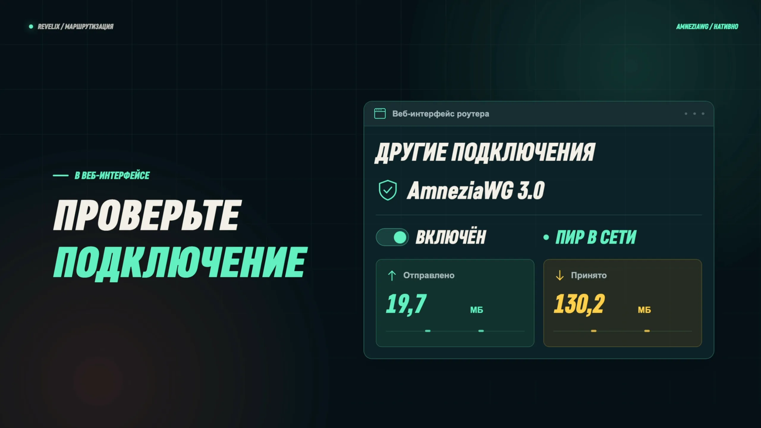 Другие подключения: туннель AmneziaWG 3.0 включён, пир в сети, счётчики отправленных и принятых данных растут