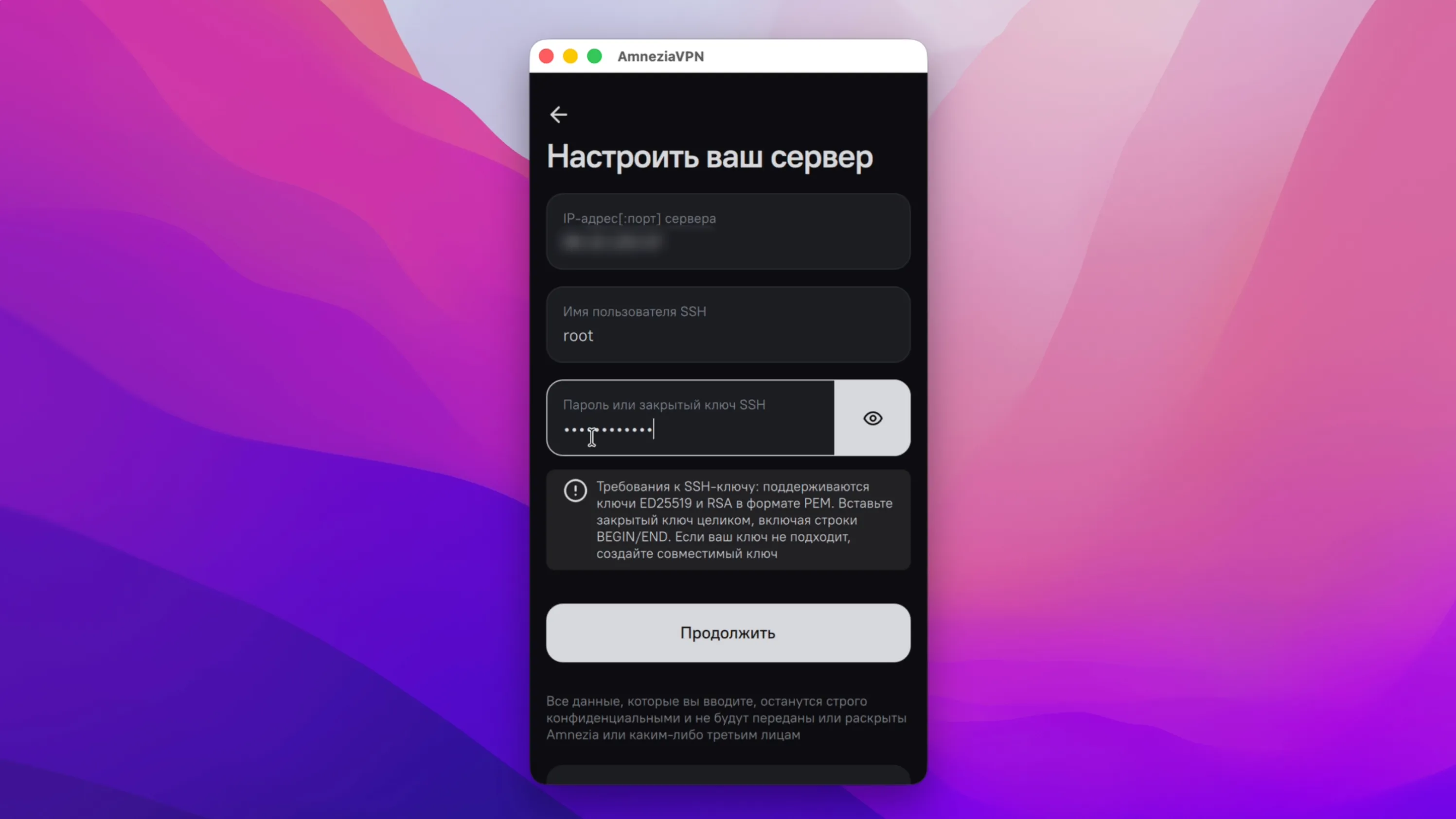 Ввод данных VPS-сервера в AmneziaVPN