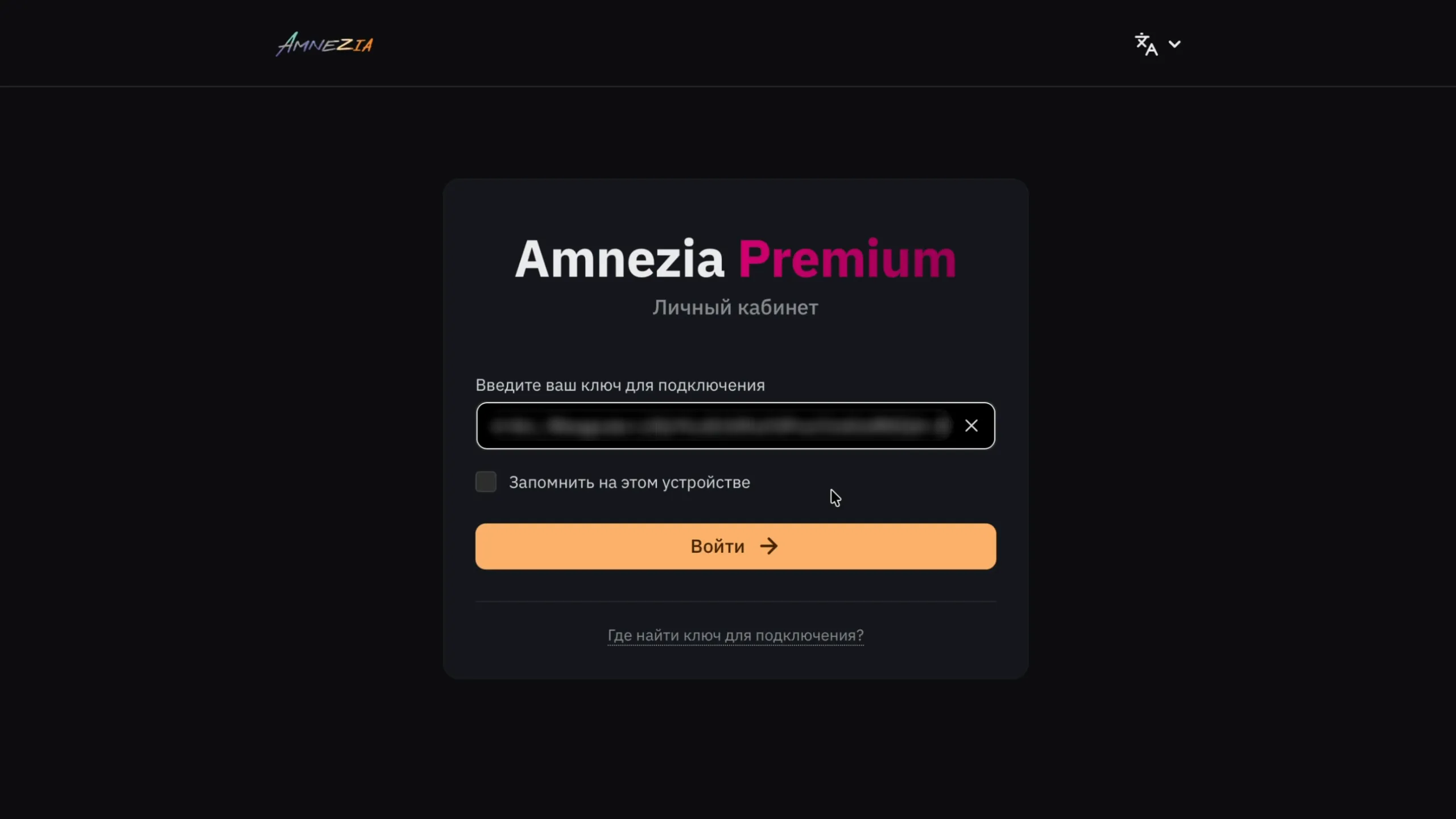 Личный кабинет Amnezia Premium: вход по ключу для подключения