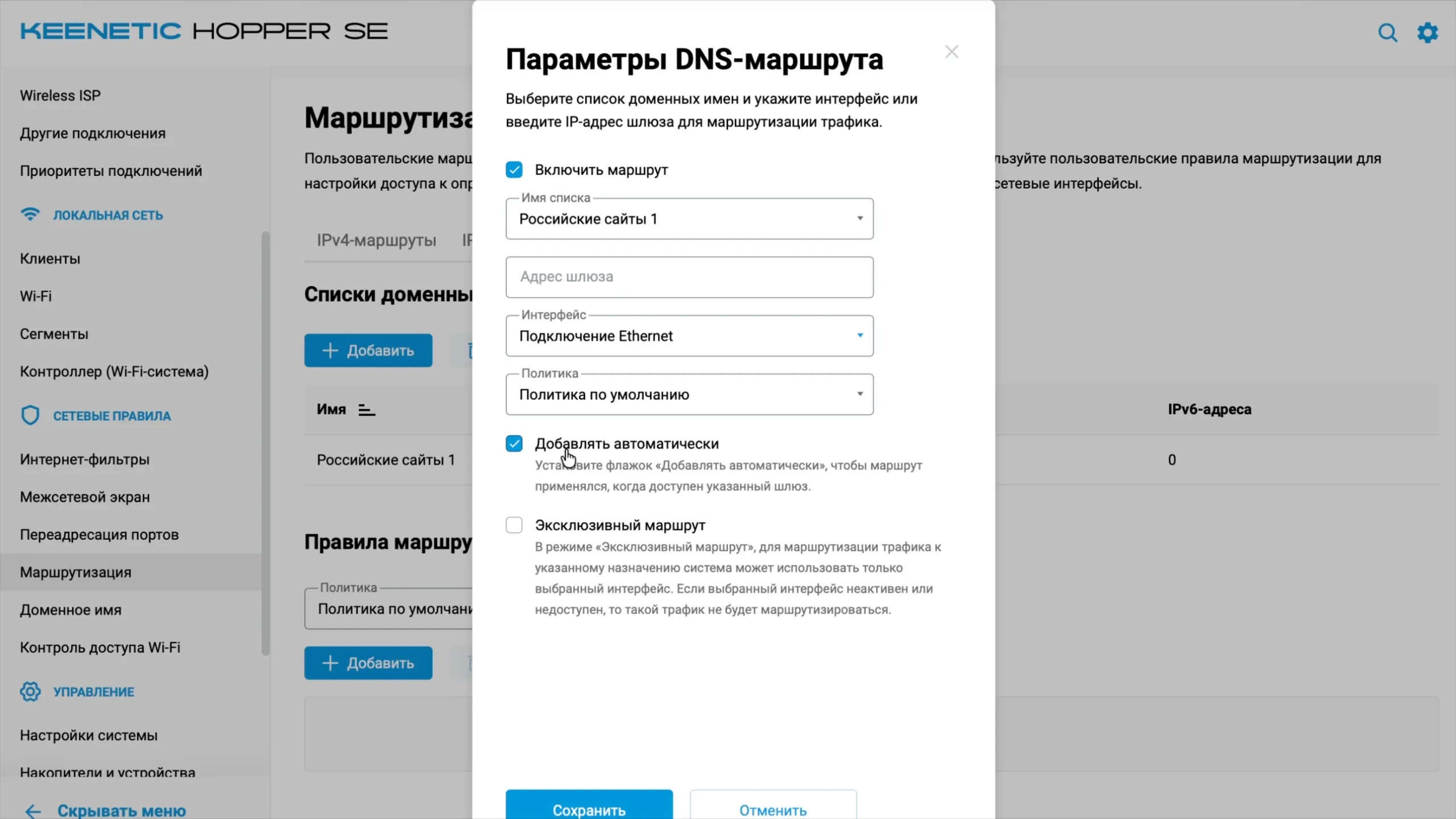 Параметры DNS-маршрута: отмечено «Добавлять автоматически»