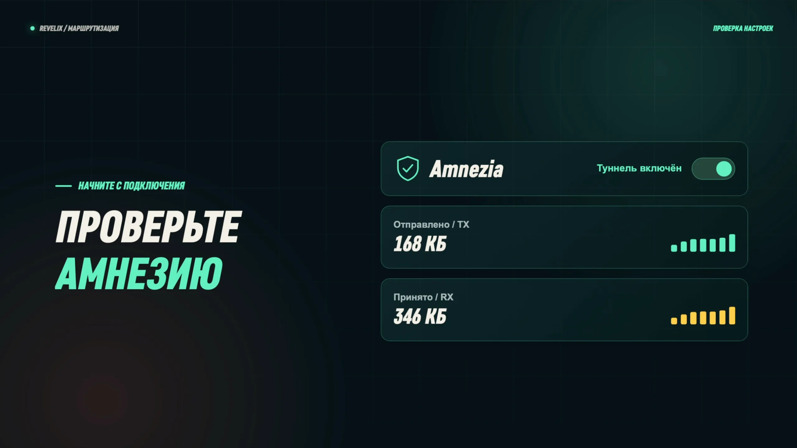 Проверьте Amnezia: туннель включён, счётчики отправленных и принятых данных растут